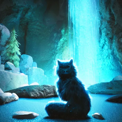 Image similar to a friendly blue furry monster in a cave meditating. glowing crystals. concept art. wet. reflections. waterfall. pond. dark background. semi-realistic. cgi render
