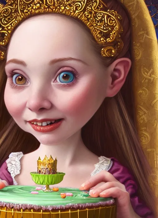 Image similar to highly detailed closeup portrait of a grinning irish fairytale medieval princess eating birthday cake, unreal engine, nicoletta ceccoli, mark ryden, lostfish, earl norem, global illumination, god rays, detailed and intricate environment