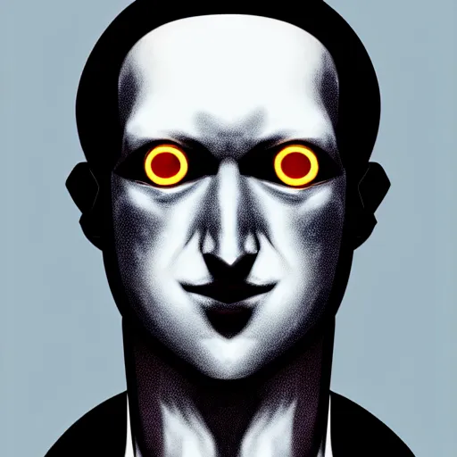 Image similar to solid glowing eyes, digital portrait of Mark zuckerburg face with solid glowing eyes, cover art of graphic novel, evil laugh, menacing, Machiavellian puppetmaster, villain, simple style, solid colors, clean lines, clean ink, trending on artstation