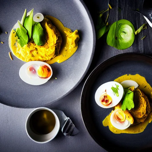 Prompt: aji de gallina, garnished with half boiled eggs and lettuce, michelin star restaurant, award winning photo, food photography, 4 k