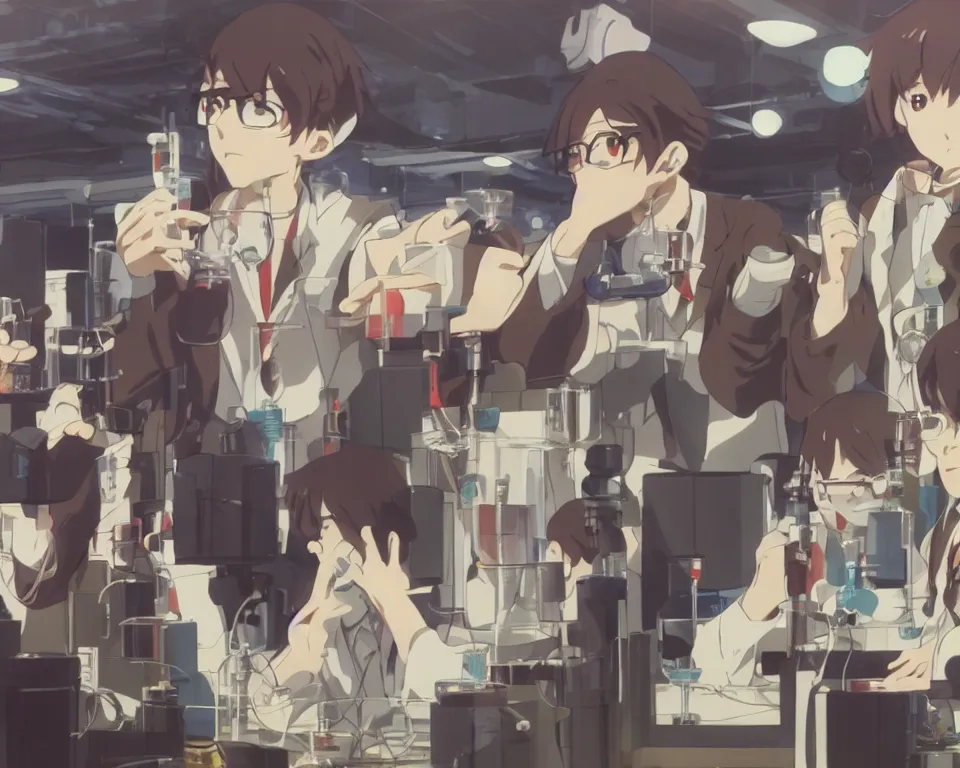 Image similar to anime still of reckless!!! whimsical! trippy scientists in a lab inventing, presentation, scattered tables overloaded with doomsday devices and beakers and test tubes, by makoto shinkai yoshinari yoh ilya kuvshinov