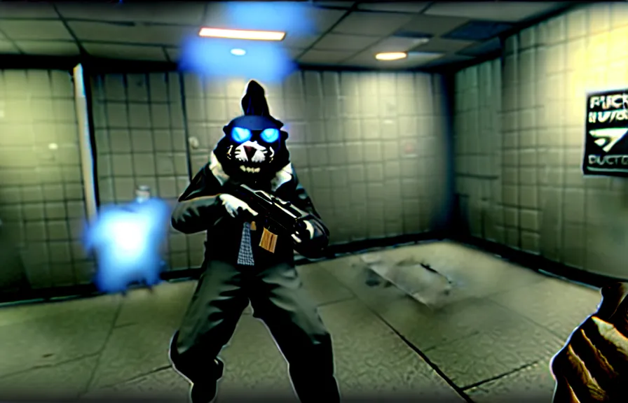 Image similar to Screenshot from the PC game Payday 2 demonstrating the fursuit unlock