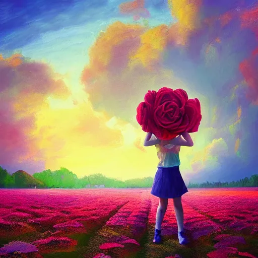 Image similar to giant rose as a head, girl standing in a flower field, surreal photography, sunrise dramatic light, impressionist painting, colorful clouds, digital painting, artstation, simon stalenhag