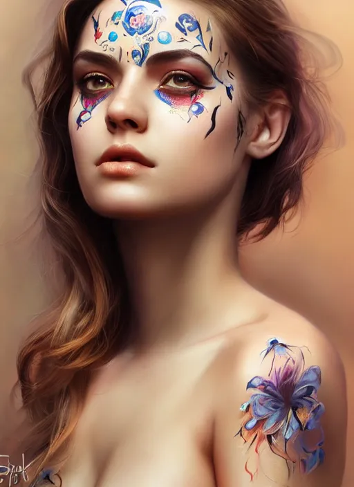 Prompt: full body photo of a gorgeous young woman in the style of stefan kostic, face painting, realistic, sharp focus, 8k high definition, insanely detailed, intricate, elegant, art by stanley lau and artgerm