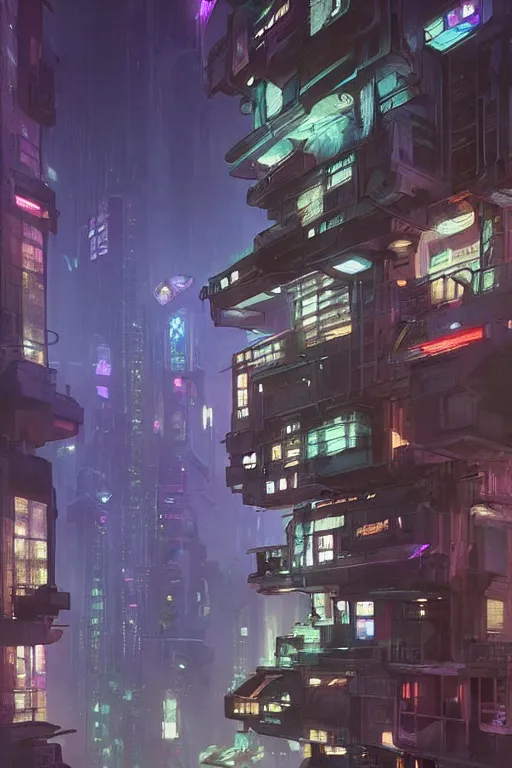 Prompt: apartment in a Futuristic cyberpunk city. Cinematic lighting. Art by moebius and Thomas Kinkade and Greg Rutkowski.