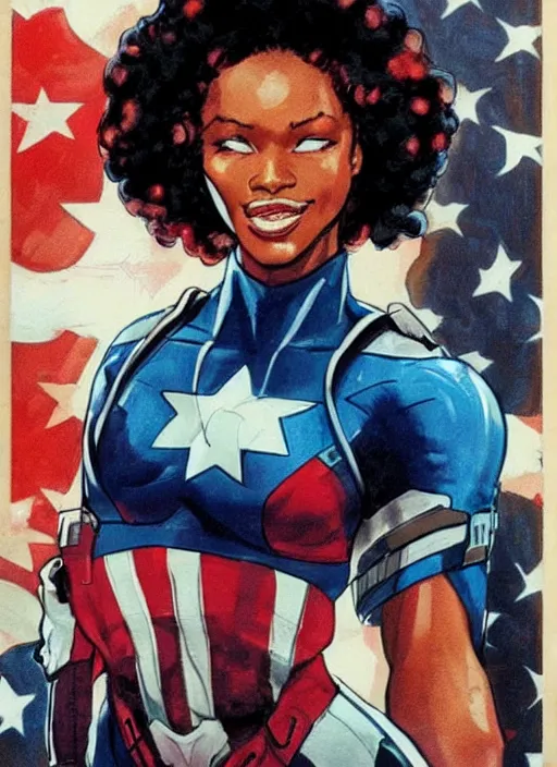 Image similar to beautiful black female captain america. afro - feminist captain america wins wwii. american wwii propaganda poster by james gurney, rob liefeld and pixar. gorgeous face. overwatch, realistic. black power