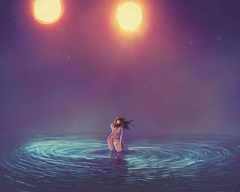 Image similar to beautiful determined goddess standing in a lake basking in the moonlight, conjuring a demon, underneath a multi-colored binary blackhole with an accretion disc, glowing trails following her arms, wearing professional makeup, synthwave, by Lois van Baarle, by Greg Rutkowski, by artgerm, by beeple, by studio ghibli, cinematic angle, volumetric lighting, 4k resolution, octane render, trending on artstation, masterpiece