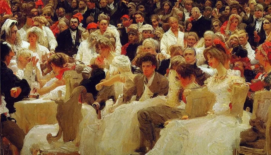 Image similar to painting by ilya repin, trump on the miting, detailed, stunning