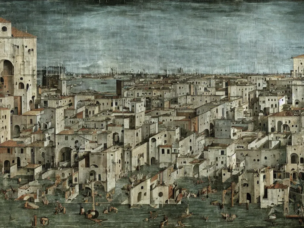 Prompt: Brutalist deserted absurd water city. Torrential rain. Painting by Bernardo Bellotto, Piero della Francesca