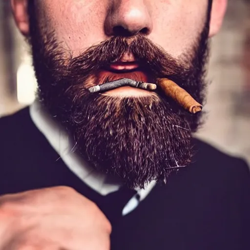 Image similar to a man with a beard smoking a cigar, highly realistic, very realistic, realistic face, photorealistic