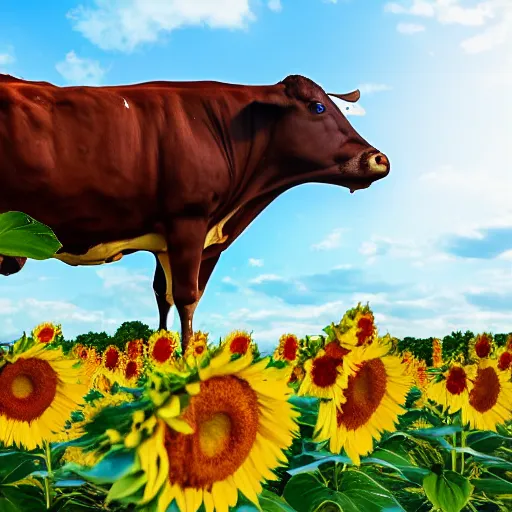 Prompt: southern belle cow, outside in a field of sunflowers, 4k