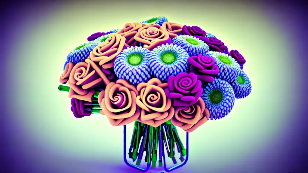 Prompt: bouquet of flowers on a mechanical surface y2k xeroxed image octane render sharpening