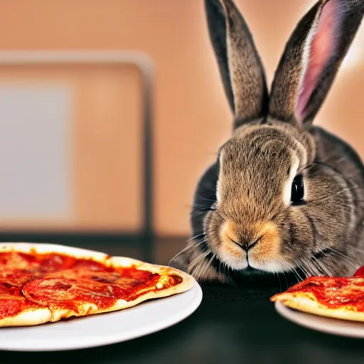 Image similar to A lop rabbit eating pizza while watching tv