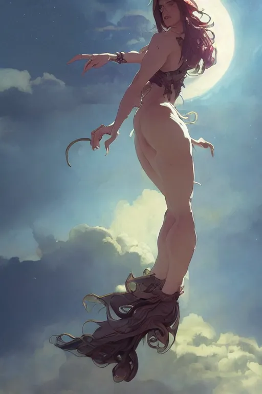 Prompt: jojo pose, fantasy, beautiful leg, long hair, girl, portrait, back view, cloud sky and moon night background, high detail, concept art, digital art, illustration, smooth, sharp focus, greg rutkowski, alphonse mucha, loish, wlop, trending on artstation, trending on deviantart