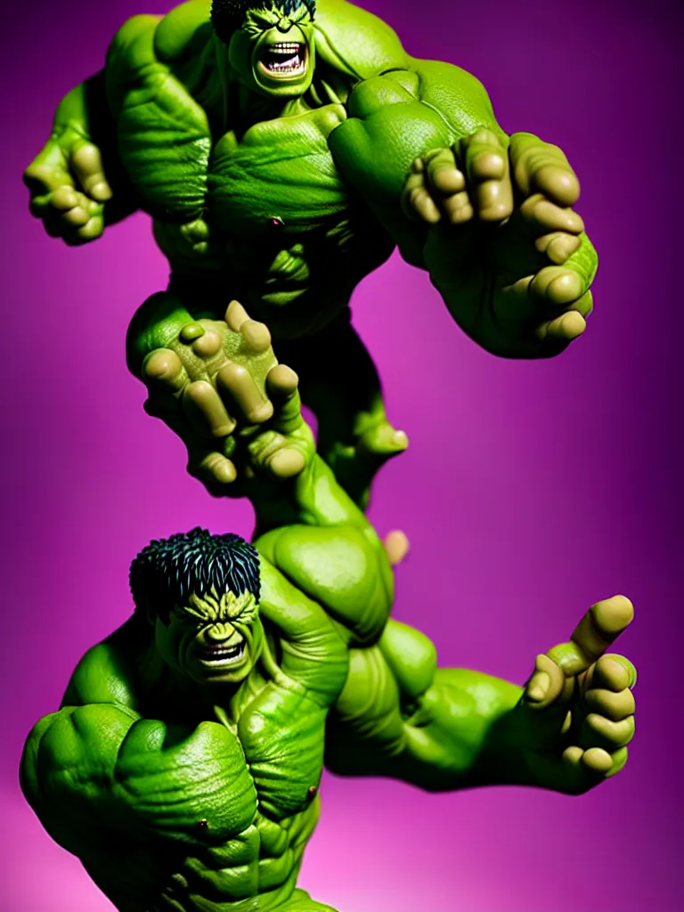 Image similar to hyperrealistic rendering, hulk by bernie wrightson and killian eng and joe fenton, product photography, action figure, sofubi, studio lighting, colored gels, colored background
