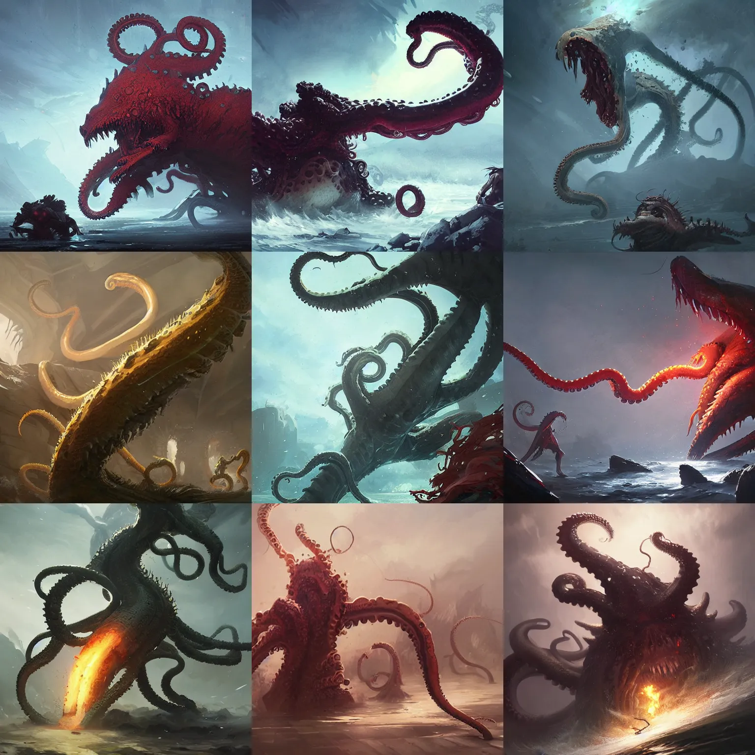 Prompt: tentacle monster in battle by greg rutkowski