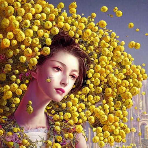 Prompt: the portrait of an absurdly beautiful, graceful, elegant, sophisticated, young teen girl made up of lemons looking up, an ultrafine hyperdetailed illustration by kim jung gi, irakli nadar, intricate linework, bright colors, octopath traveler, final fantasy, unreal engine 5 highly rendered, global illumination, radiant light, detailed and intricate environment