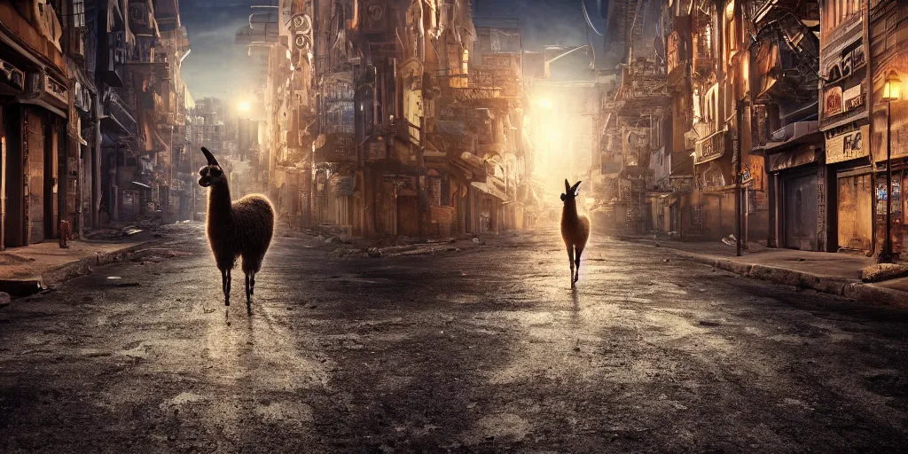 Prompt: a llama walking through a desolate city street at night, realistic 4 k octane beautifully detailed render, 4 k post - processing, highly detailed, intricate complexity, epic composition, magical atmosphere, cinematic lighting, masterpiece, ultra hd