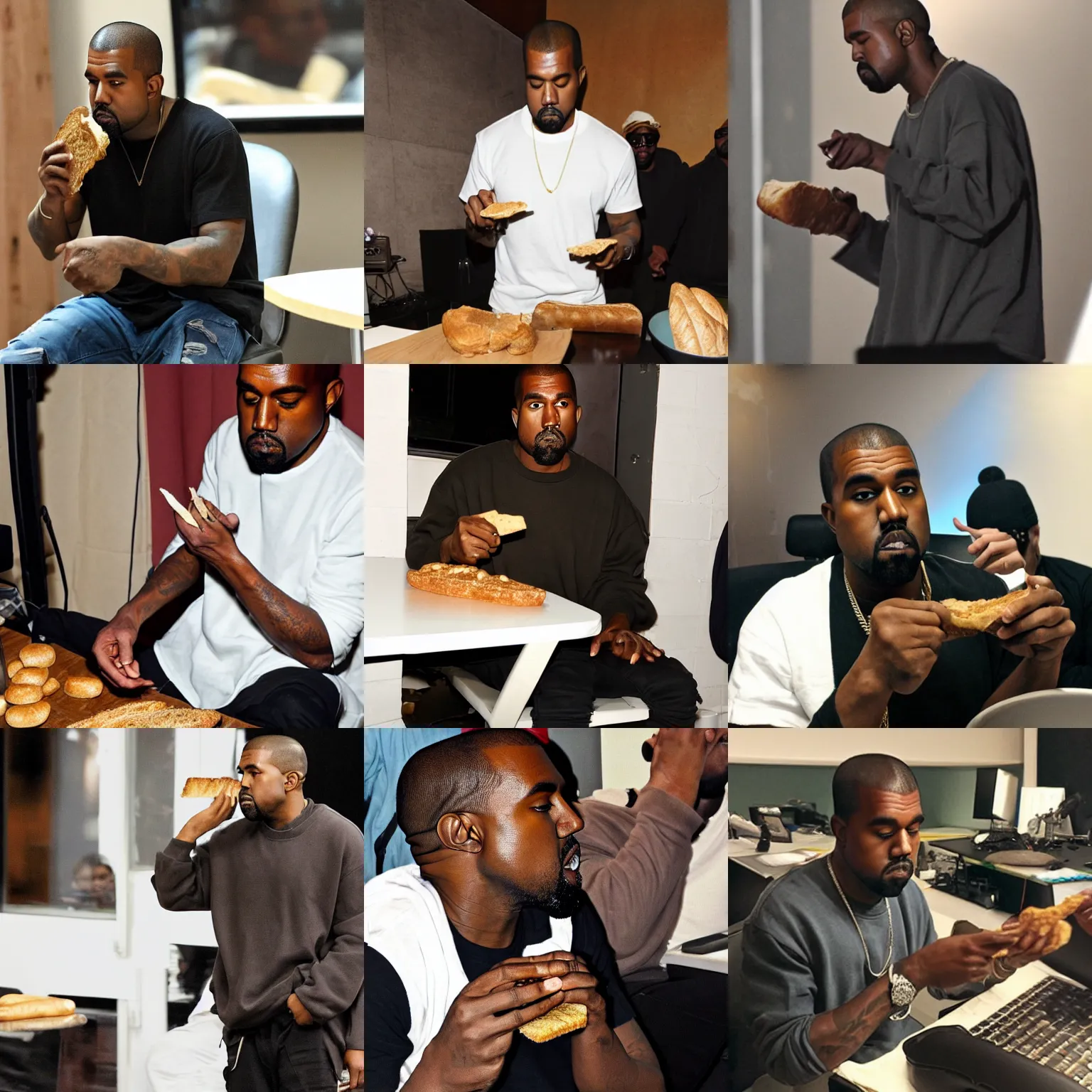 Prompt: kanye west eating bread in the studio