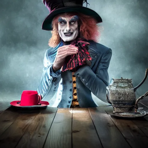 Image similar to full body pose, hyperrealistic photograph of the mad hatter, dim volumetric lighting, 8 k, octane beautifully detailed render, extremely hyper detailed, intricate, epic composition, cinematic lighting, masterpiece, trending on artstation, very very detailed, stunning, hdr, smooth, sharp focus, high resolution, award, winning photo, dslr, 5 0 mm