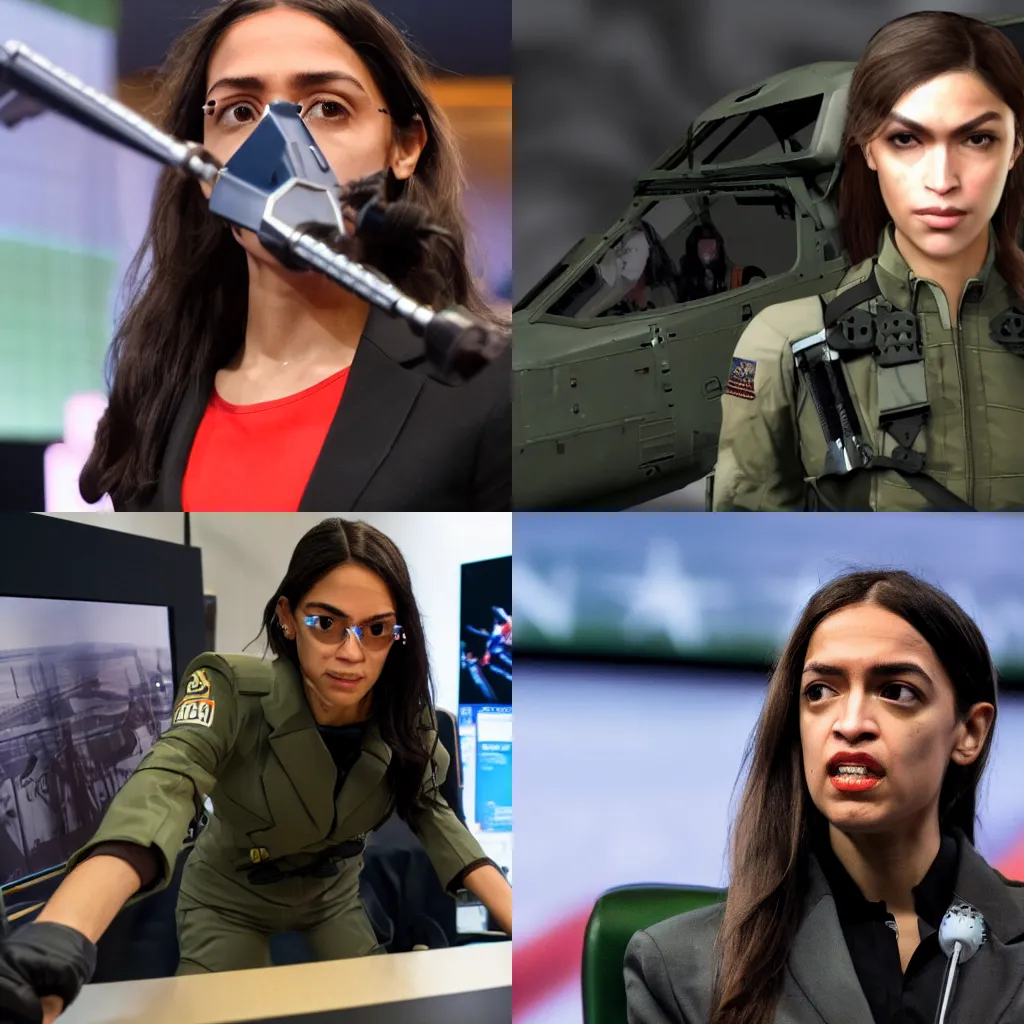 Prompt: Alexandria Ocasio-Cortez piloting Metal Gear from Metal Gear Solid at CPAC, aerial view, high definition game screenshot, 8K resolution