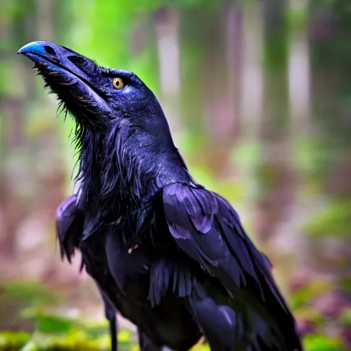 Prompt: werecreature crow, photograph captured in a forest