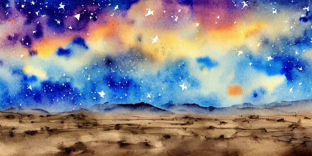 Image similar to desert with sky with stars in watercolor, cinematic, highly detailed wide, atmospheric lighting, muted colors