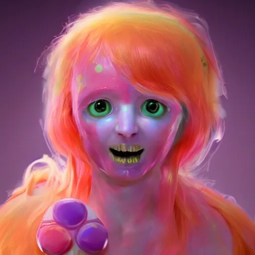 Image similar to A full body shot of a cute and mischievous huggy-wuggy from poppy-playtime the video game. Fancy Dress. Subsurface Scattering. Translucent Skin. Rainbow palette. defined facial features, symmetrical facial features. Opalescent surface. beautiful lighting. By Giger and Ruan Jia and Artgerm and WLOP and William-Adolphe Bouguereau. Photo real. Hyper-real. Photorealism. Fantasy Illustration. Sailor Moon hair. Masterpiece. trending on artstation, featured on pixiv, award winning, cinematic composition, dramatic pose, sharp, details, Hyperrealism, HD, HDR, 4K, 8K.