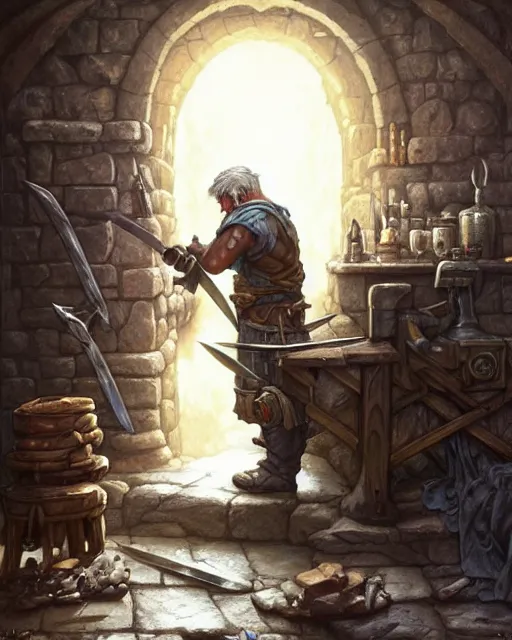 Image similar to an old blacksmith forging his final sword, his sad with grief and in pain from old injuries, his wall depicts his best weapons, deep focus, D&D, fantasy, intricate, elegant, highly detailed, digital painting, artstation, concept art, matte, sharp focus, illustration, hearthstone, art by Artgerm and Greg Rutkowski and Alphonse Mucha