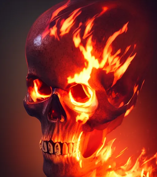 Image similar to epic render of burning skull, octane render, trending on artstation, macro photography