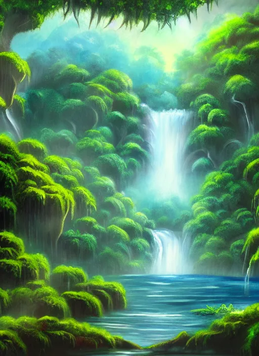 Prompt: a painting of a waterfall in the jungle, a detailed matte painting by bob ross, deviantart, fantasy art, matte painting, detailed painting, 2 d game art