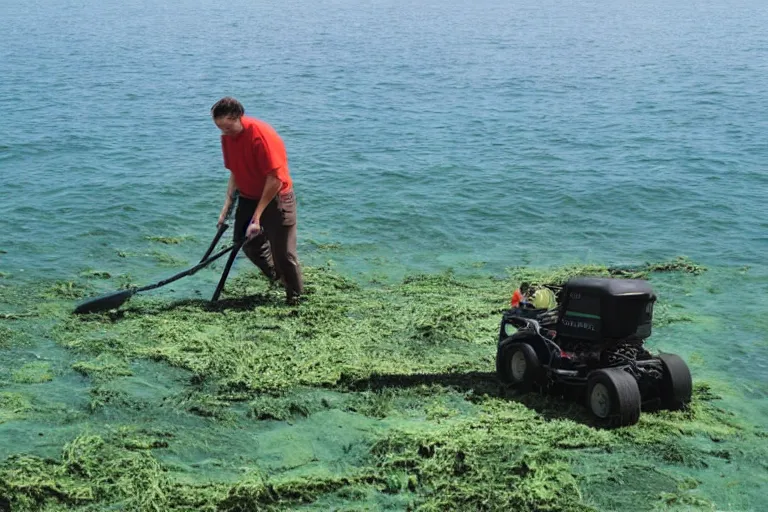 Prompt: a stock photo of a man mowing seaweed on the sea floor