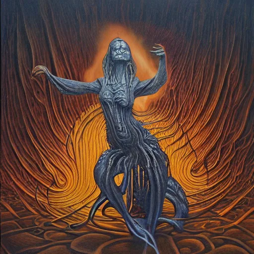 Image similar to a woman dancing with fire jacek yerka, alex gray, zdzisław beksiński, dariusz zawadzki, jeffrey smith and h.r. giger, oil on canvas, 8k highly professionally detailed, trending on artstation