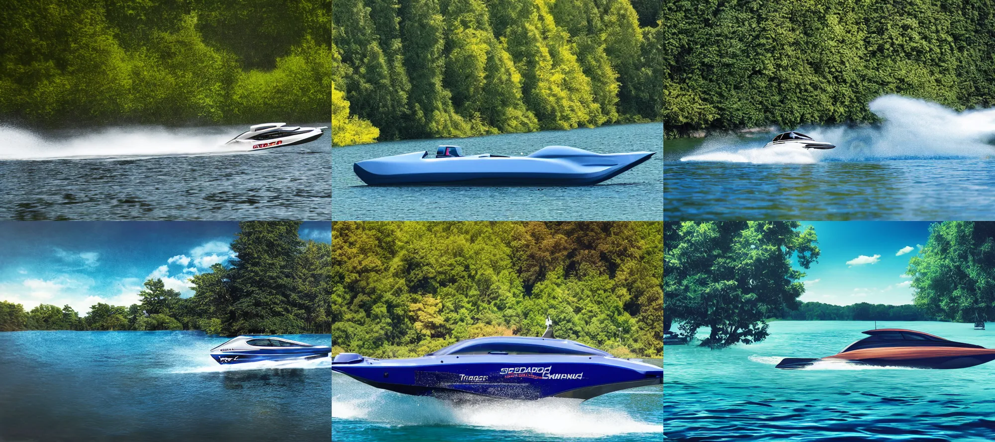 Prompt: a ~ close up of a speedboat speeding in a lake, summer, blue skies trees, trending on art station, dynamic lighting, stark contrasts, detailed and intricate environment