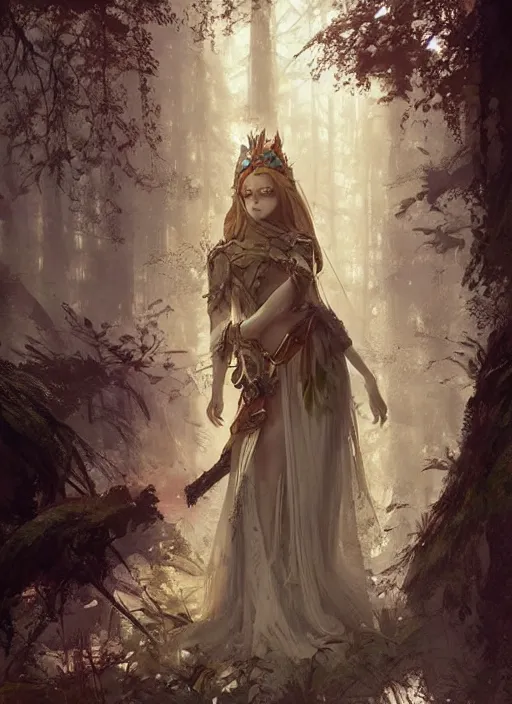 Prompt: female seductive forest legend of zelda queen of nature, beautiful face, rule of thirds, intricate outfit, backlit, by art germ, greg rutkowski, by jeremy mann, digital painting