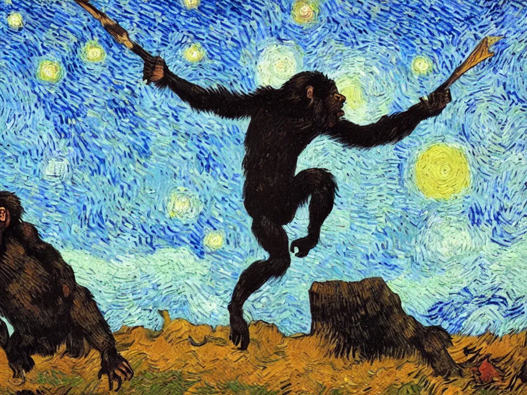 Prompt: bright beautiful oil painting of a primitive ape throws a bone at a giant black monolith at sunrise, light scatter, van gogh