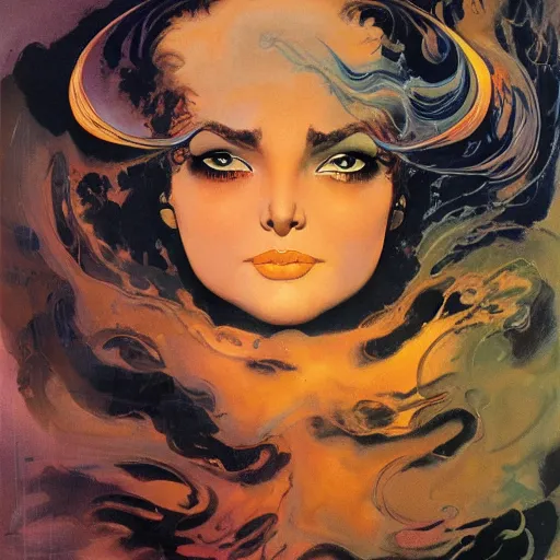 Image similar to portrait of a woman with swirling hair and fractal skin by frank frazetta, retrofuturism, psychedelic art reimagined by industrial light and magic