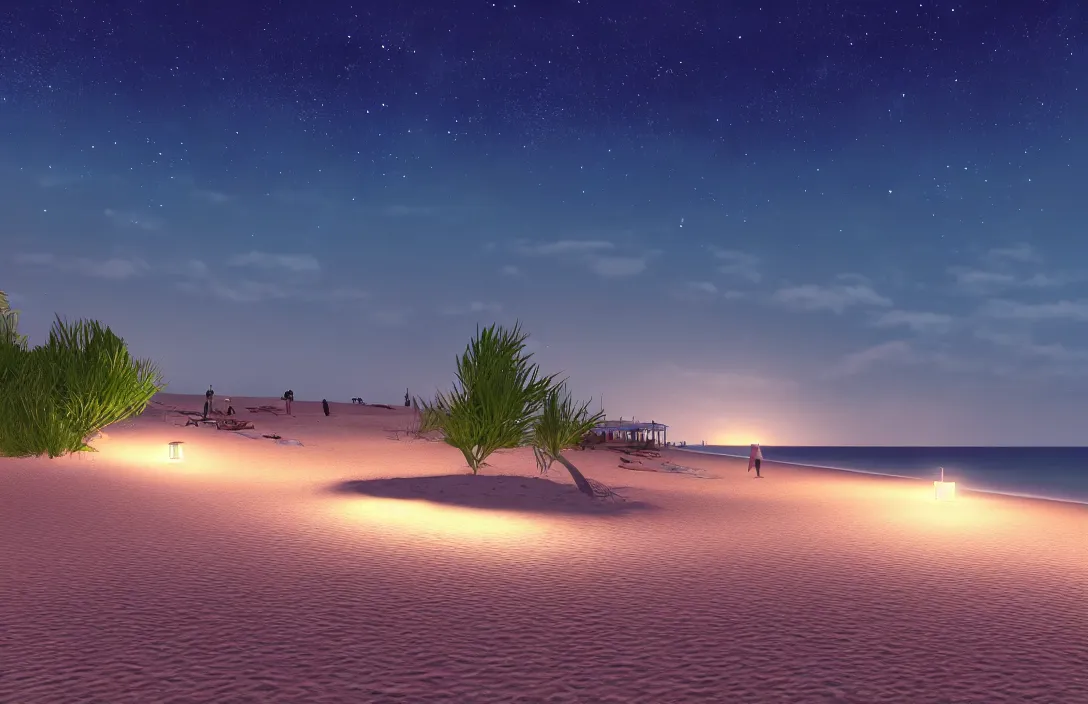 Prompt: on the beach by the sea, at night, unreal engine rendering