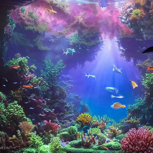 Prompt: A beautiful highly detailed matte painting inside of a beautiful aquarium with lush sea life and overgrown algae, dark rainbow colored coral, neon colored sea fan coral, black light, volumetric lighting, ray lighting from top of frame, crepuscular ray lighting from above, dynamic lighting, muted colors, by Greg rutkowski, thomas kinkade, Andreas rocha, john howe, pixar, f16, hd, 4k
