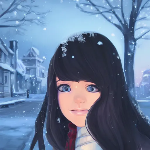 Image similar to teen girl with long black hair and bangs, detailed facial features, beautiful face, snowy winter village in the background, digital painting, artstation, highly detailed, by makoto shinkai and thomas kindle and James gilleard