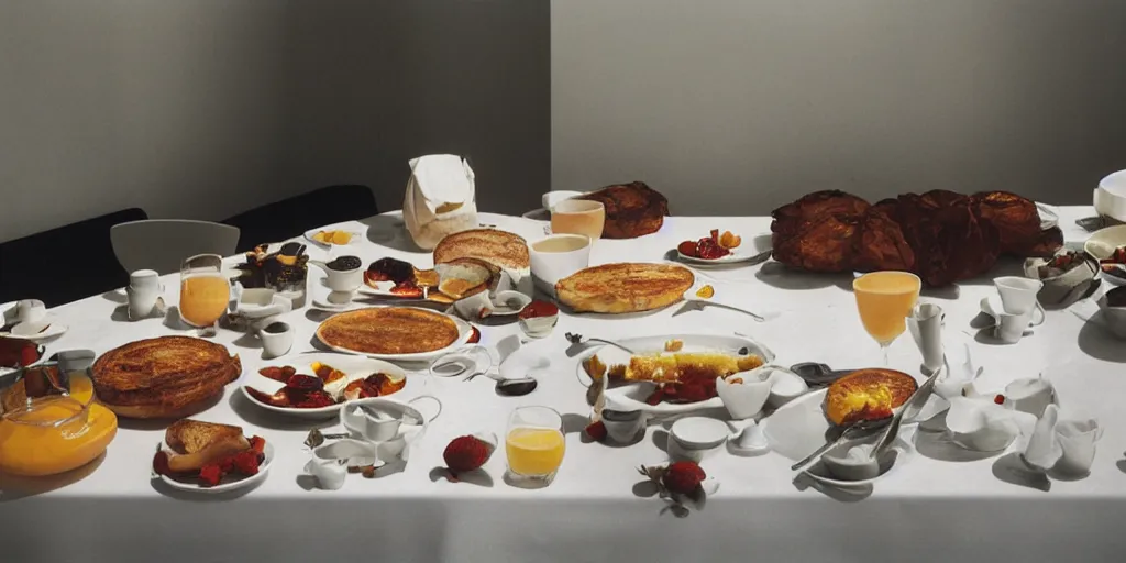 Image similar to Wolfgang Tillmans photograph of a breakfast table, still, photography, fine art photography