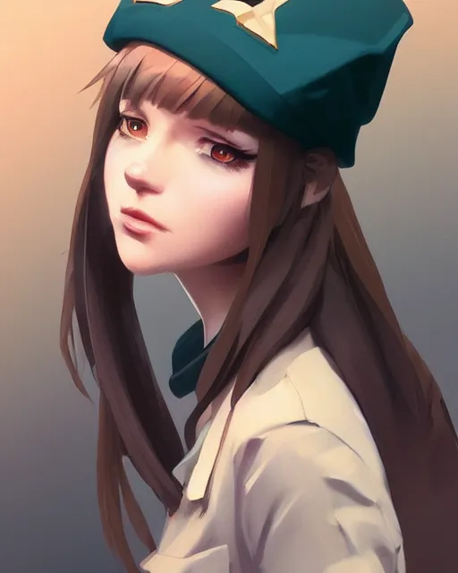 Image similar to young woman with shoulder length light brown hair and hazel eyes dressed in a sharp dark teal military uniform and beret, anime, ilya kuvshinov, greg rutkowski, guweiz, ross tran, loish, svetlana tigai, artgerm, artstation trending, concept art, digital painting