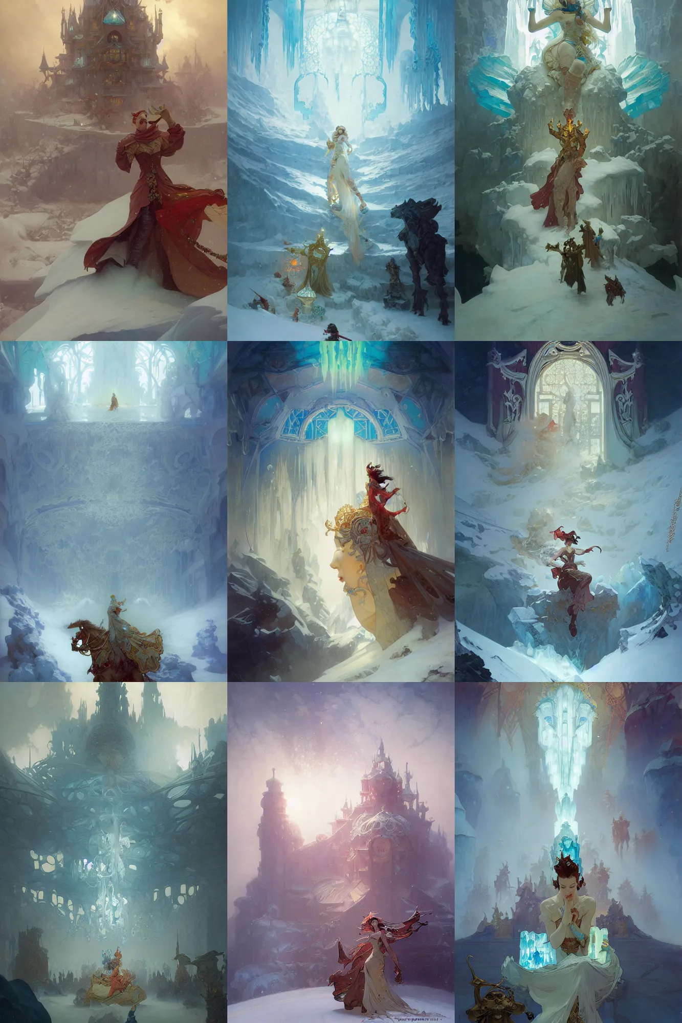 Prompt: ice palace, fantasy, art by joseph leyendecker, peter mohrbacher, ivan aivazovsky, ruan jia, reza afshar, marc simonetti, alphonse mucha