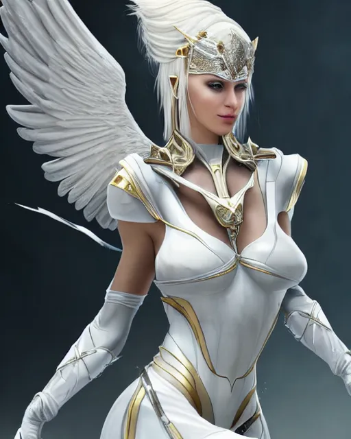 Image similar to perfect white haired egyptian goddess wearing white dove wings, warframe armor, regal, attractive, ornate, sultry, beautiful, charlize theron, pretty face, blue eyes, detailed, scifi platform, 4 k, ultra realistic, epic lighting, android body, illuminated, cinematic, masterpiece, art by akihito tsukushi, voidstar, artgerm