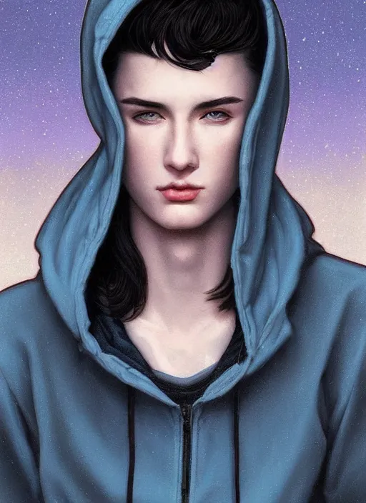 Image similar to handsome young man with short black hair, glowing light blue eyes, pale skin, wearing jeans and a black hoodie, detailed night time cityscape background, realistic painting by ross tran and gerald brom and alphonse mucha, ilya kuvshinov, svetlana tigai, artgerm, trending on artstation