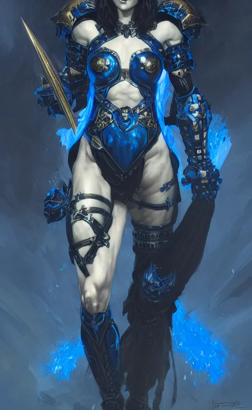 Image similar to Gothic muscular warrior queen in blue and black mythical heavy armor, fantasy, highly detailed, digital painting, artstation, concept art, smooth, sharp focus, illustration, art by artgerm and greg rutkowski and alphonse mucha