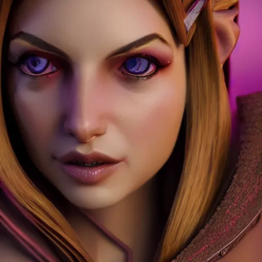 Image similar to portrait of a beautiful female high elf, tan skin, magenta eyes 3 d octane render trending on art station 8 k