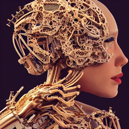 Prompt: a beautiful biomechanical woman, with artificial bones, golden hour, photography, portrait, dslr, closeup - view, insanely detailed and intricate, hypermaximalist, elegant, ornate, hyper realistic, super detailed