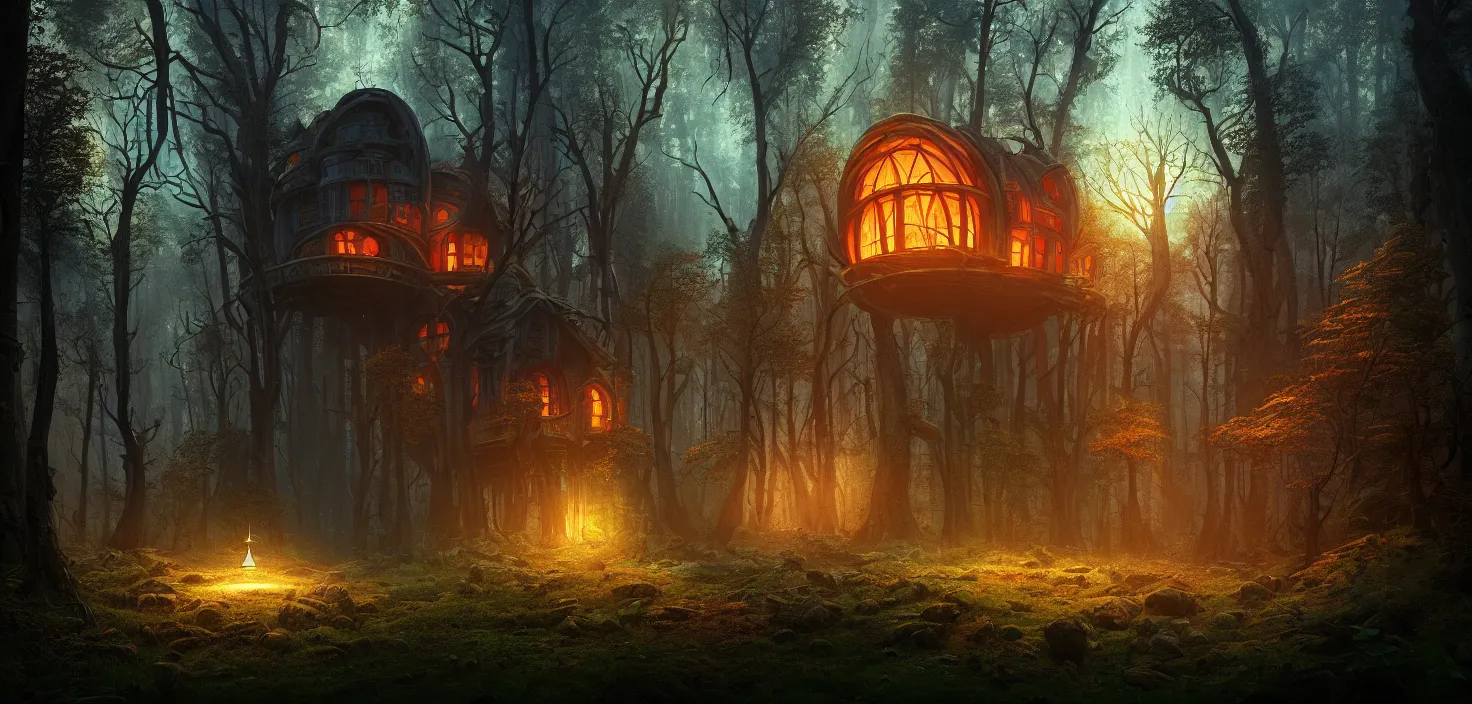 Prompt: random scary forest house landscape, big round glowing multicoloured portal house, central symmetrical composition, incredible, vector art, octane render, fabulous, hyper detailed, random cinematic view, no noise, global illumination, warm lighting, volumetric, godrays, vivid, beautiful, by jordan grimmer