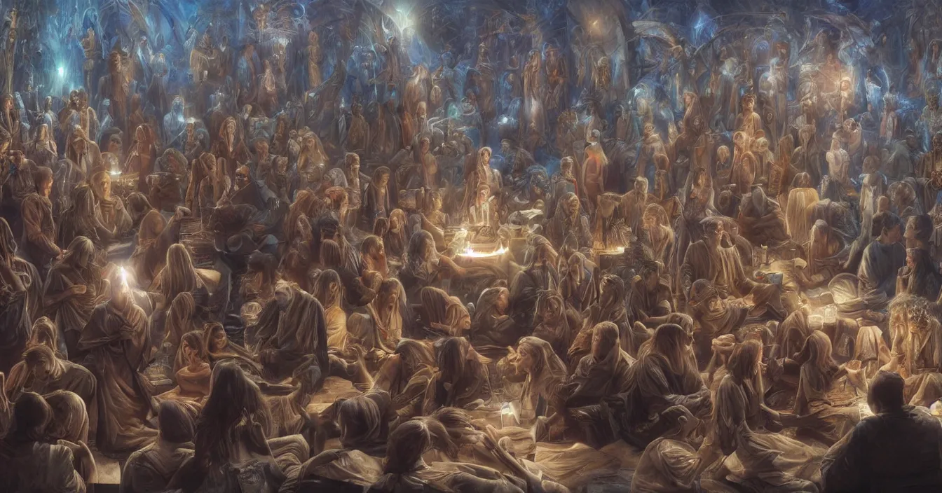 Image similar to human beings sit in the cinema and watch reflections of their lives on screen of life illusion, projecting by volumetric light of consciousness, realistic, deep sense of spirituality, visual plasticity, unreal engine quality, raytracing, vray shading, style of donato giancola